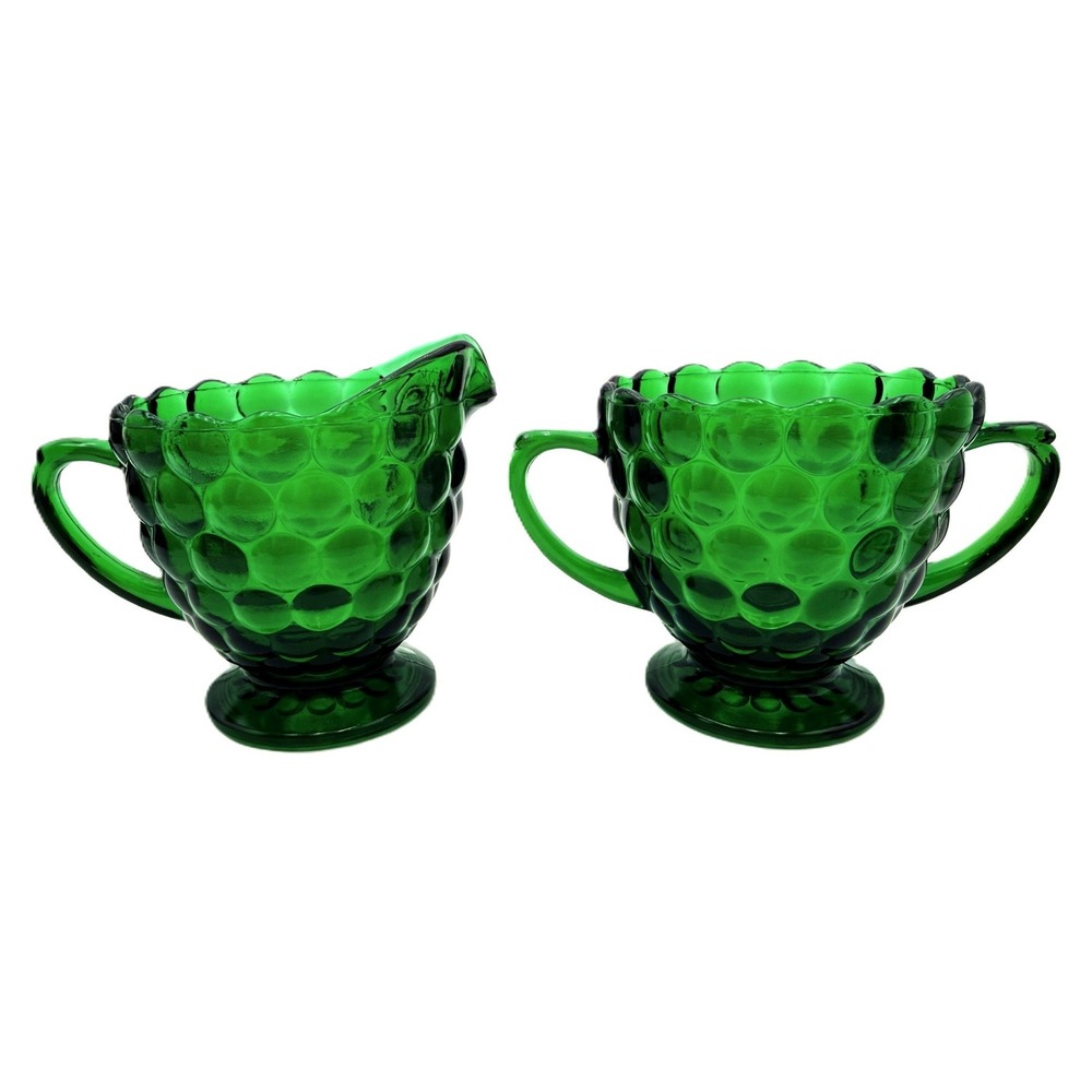 Anchor Hocking Bubble Forest Green 1600 Line Open Sugar & Creamer Set Exc 1950s
